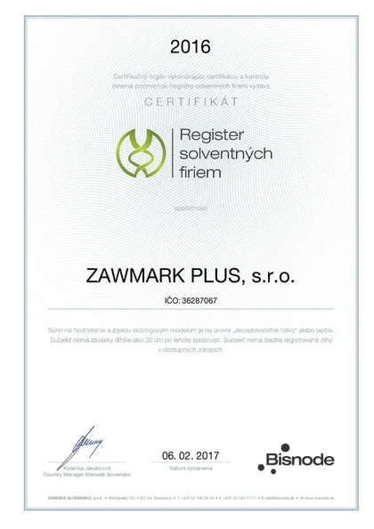 Certifikát Register solventných firiem 2016
