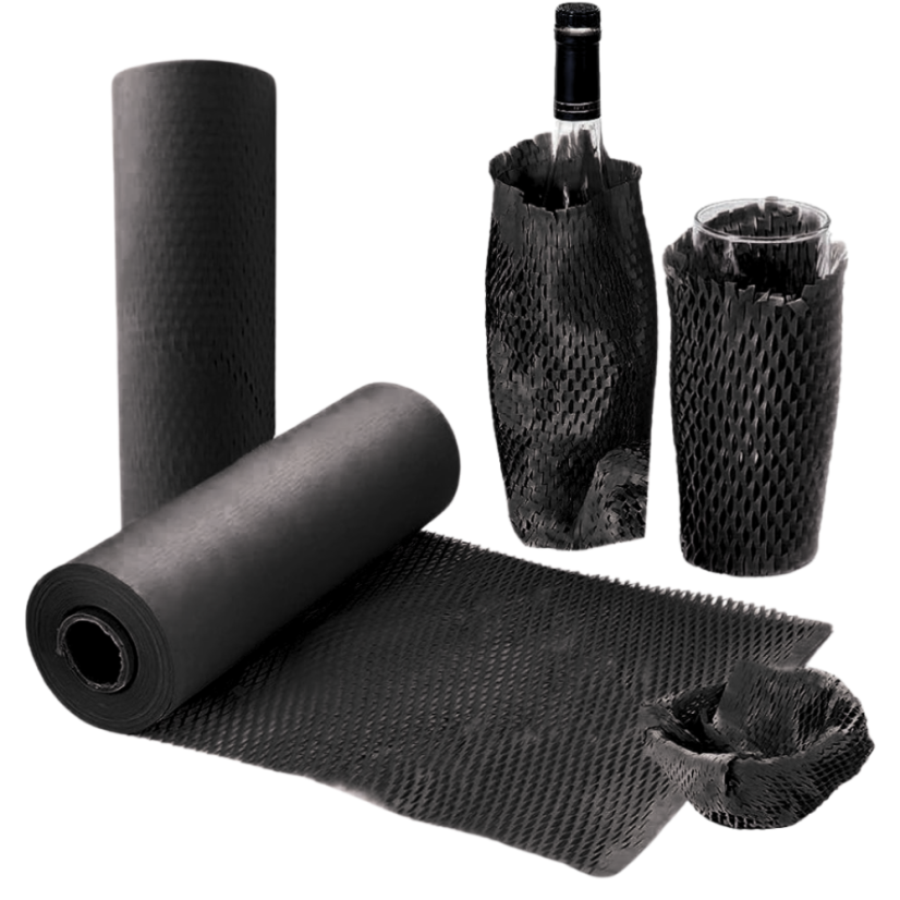 Papierová výplň activaWrap 80 g, čierna – 395 / 500 mm × 250 m – čierna rolka a zabalená fľaša