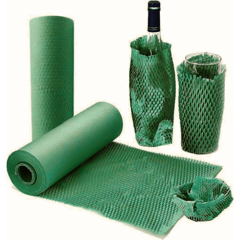 Papierová výplň activaWrap 500 mm, zelená – rolka a zabalené fľaše