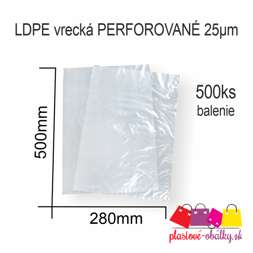 LDPE vrecká perforované 25 µm, rolka 500 ks – rozmerový nákres 280 × 500 mm