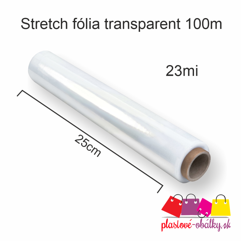Stretch fólia 23 µm, šírka 25 cm, návin 100 m – rozmerový nákres rolky