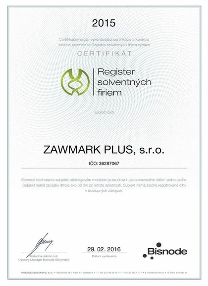 Certifikát Register solventných firiem 2015