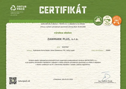 Certifikát NATUR-PACK – výrobca obalov, ZAWMARK PLUS s.r.o.
