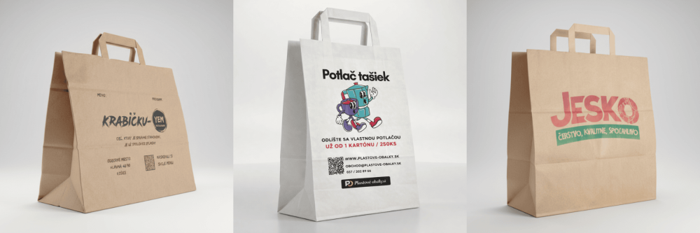Ukážka digitálnej UV CMYK potlače papierovej tašky s firemným logom