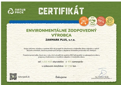 Certifikát NATUR-PACK – environmentálne zodpovedný výrobca