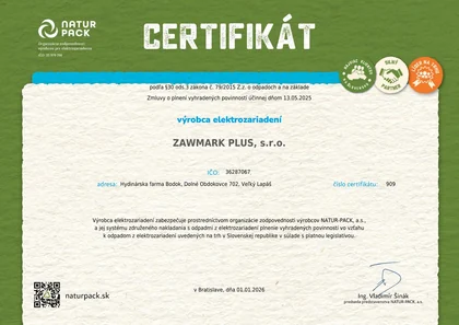 Certifikát NATUR-PACK – výrobca elektrozariadení
